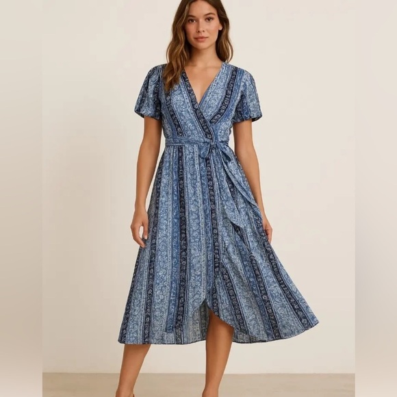 Reformation Womens Floral Faux Wrap Dress V Neck Blue Size 6 EUC - Picture 1 of 6